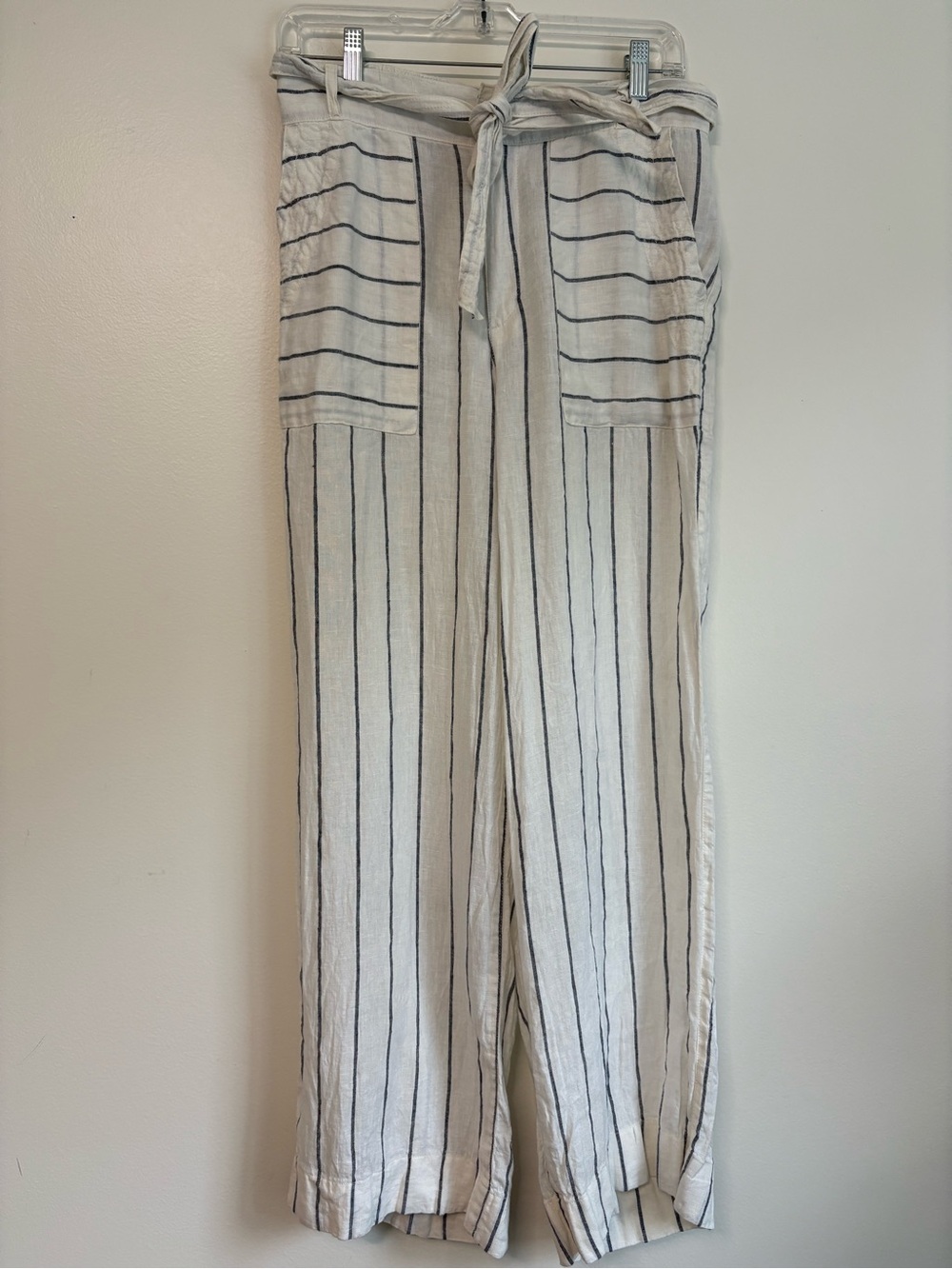 Halston 100% Linen Striped Tie-Waist Wide-Leg Pants Wht/Blk Sz 8 Coastal Summer